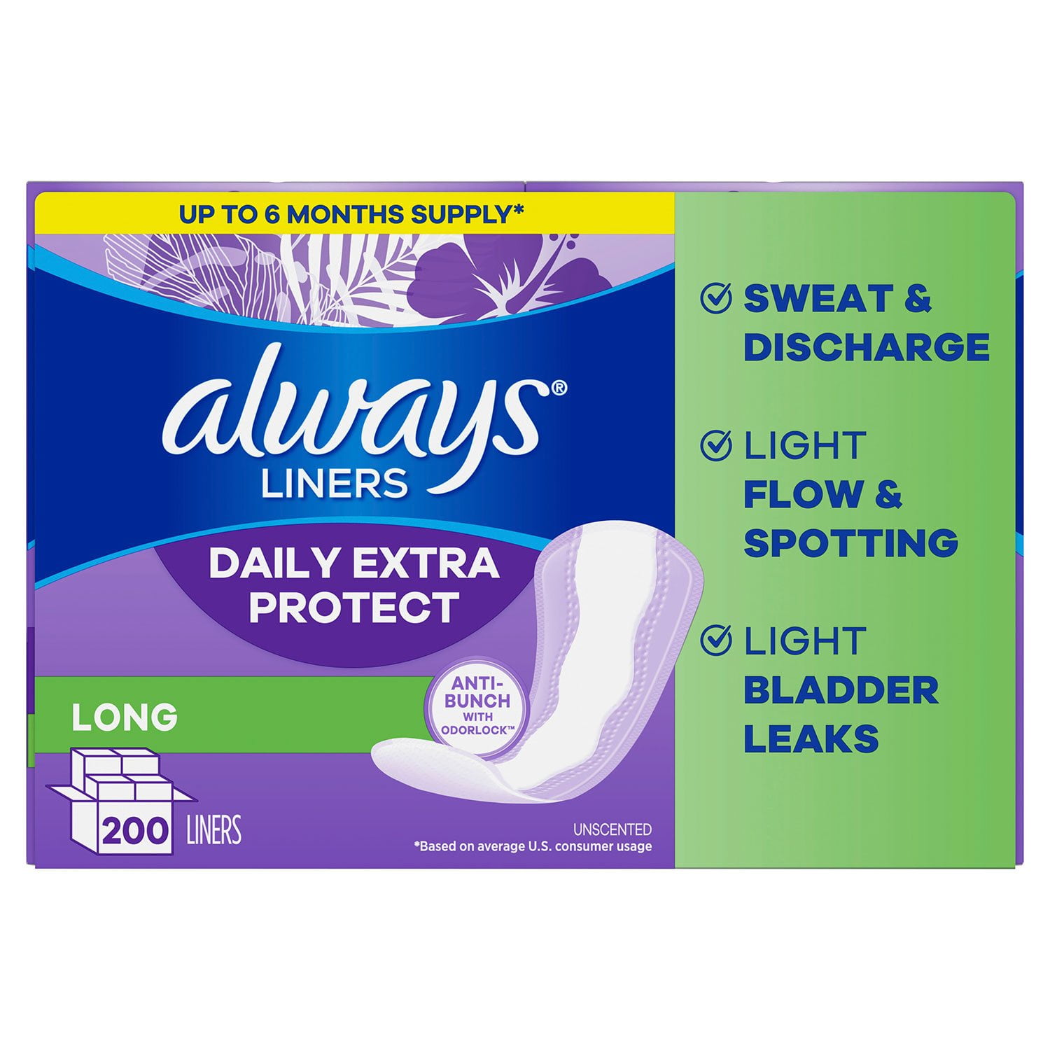 Always Anti-Bunch Xtra Protection Daily Liners, Unscented, Long, 200 ct. - Image 9