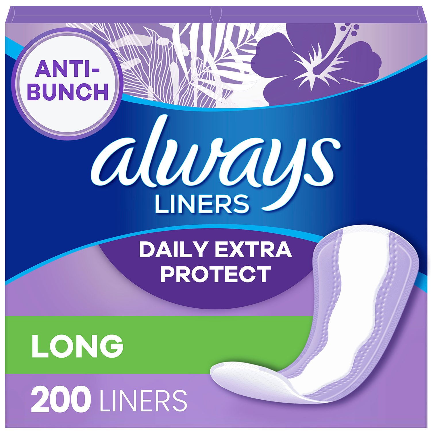 Always Anti-Bunch Xtra Protection Daily Liners, Unscented, Long, 200 ct.