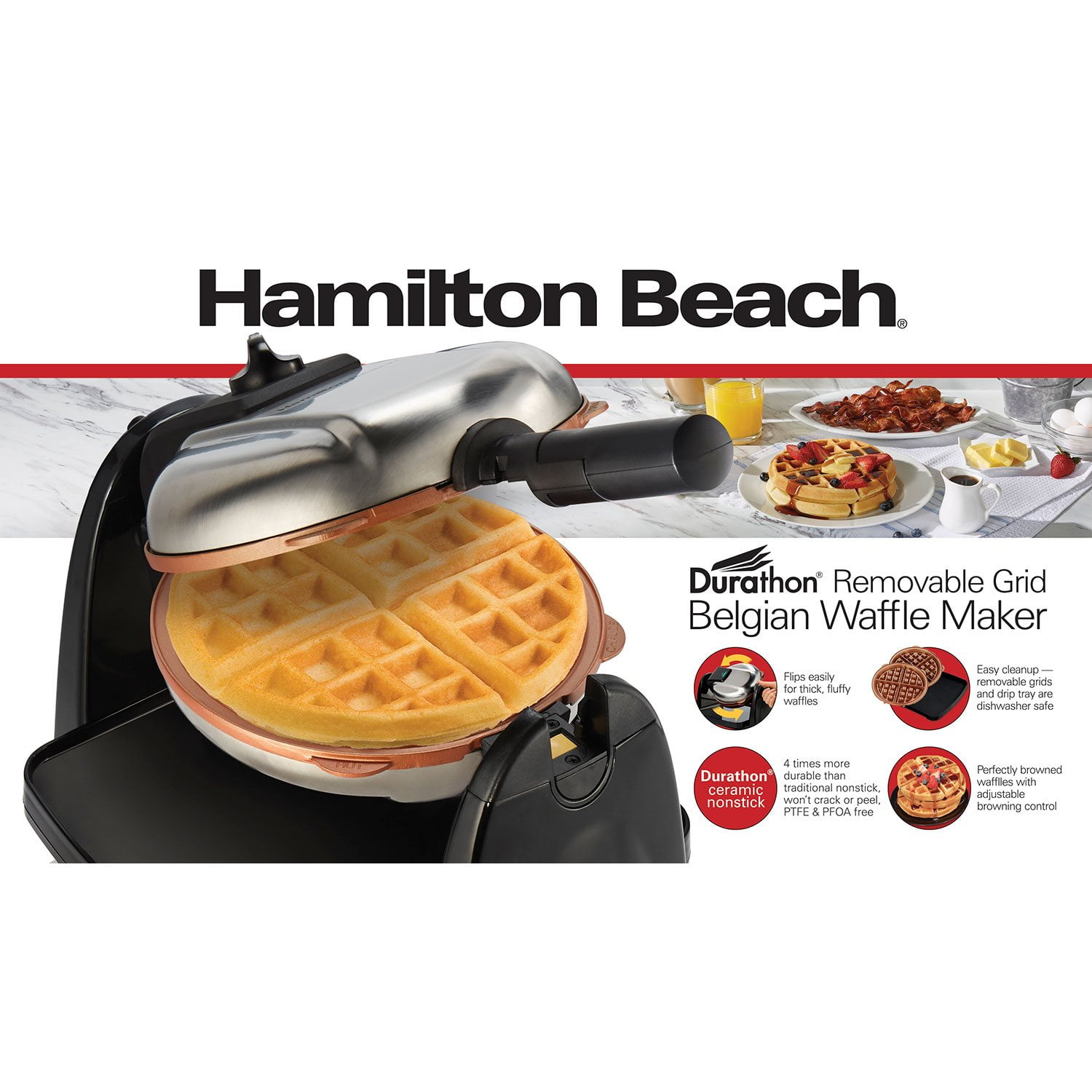 Hamilton Beach Durathon Ceramic Removable-Grid Belgian Waffle Maker - Image 9