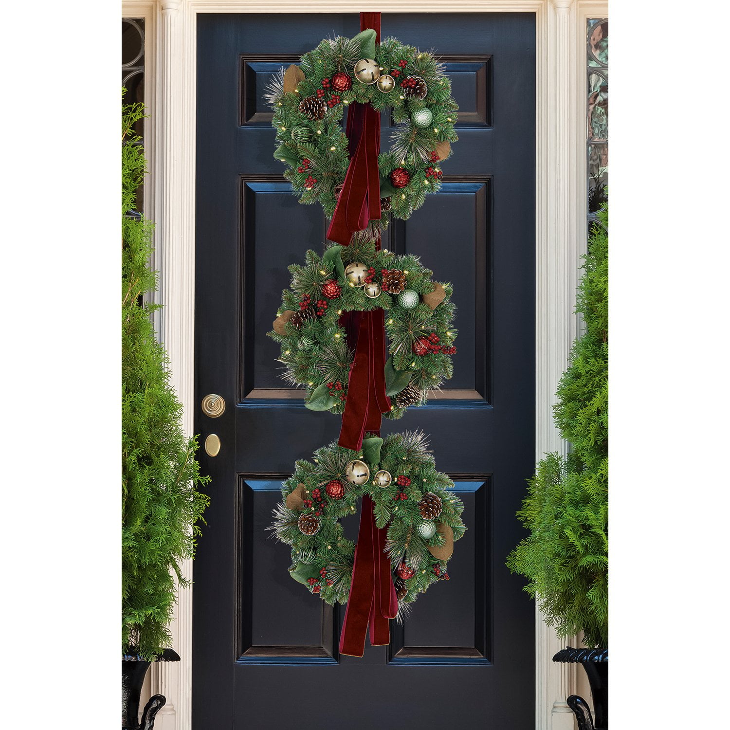 Member's Mark Pre-Lit Three Wreath Door Hanger with Sash - Image 2