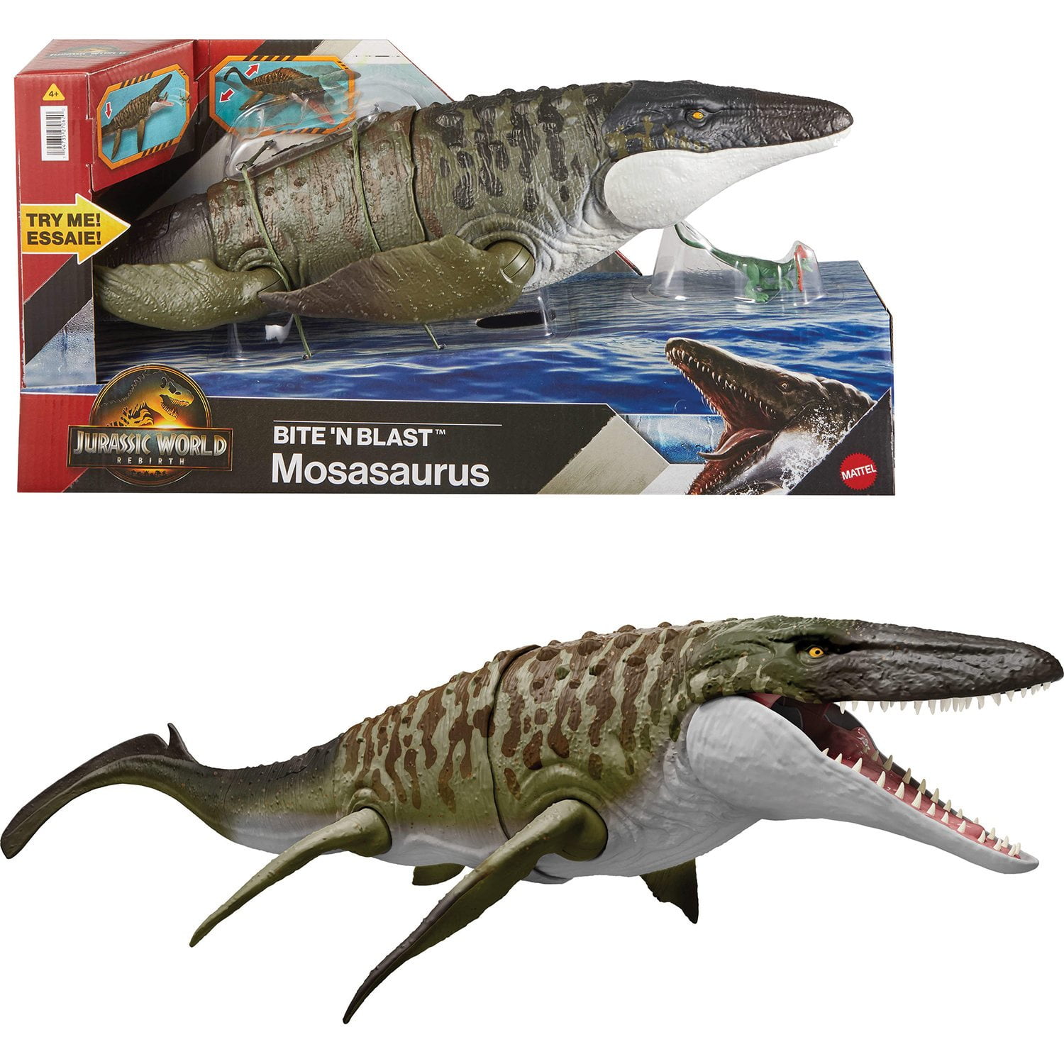 Jurassic World Rebirth Bite N Blast Mosasaurus Action Figure and Mini Dilophosaurus Toy