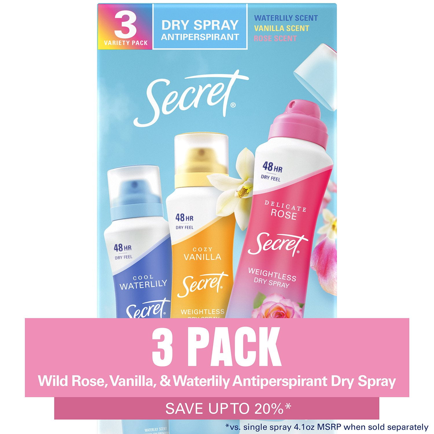 Secret Dry Spray Women's Antiperspirant Deodorant, Vanilla, Wild Rose & Waterlily, 4.1 oz., 3 pk.