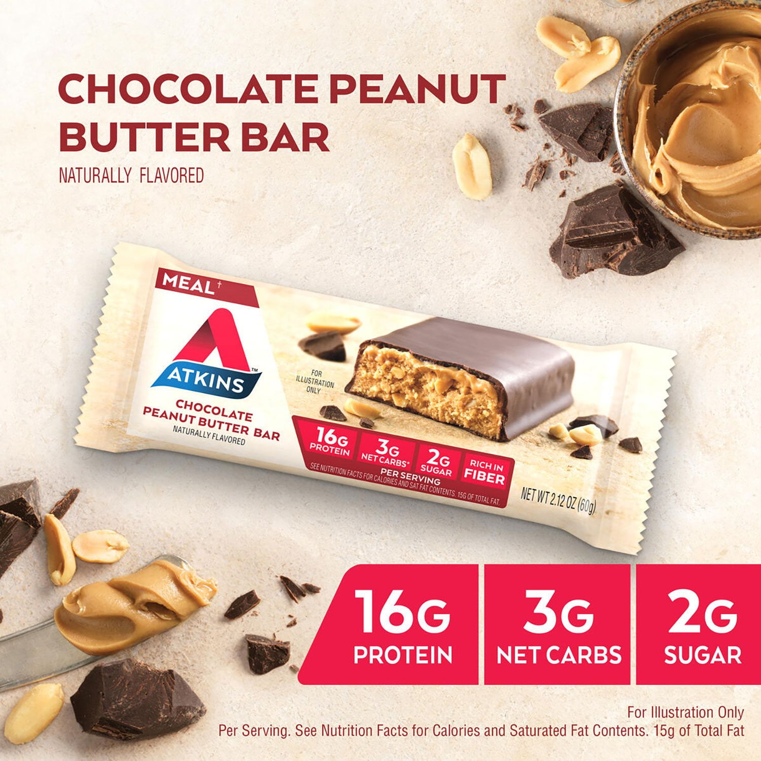Atkins Chocolate Peanut Butter Meal Bars, High Fiber, 16g of Protein 15 ct. - Image 4