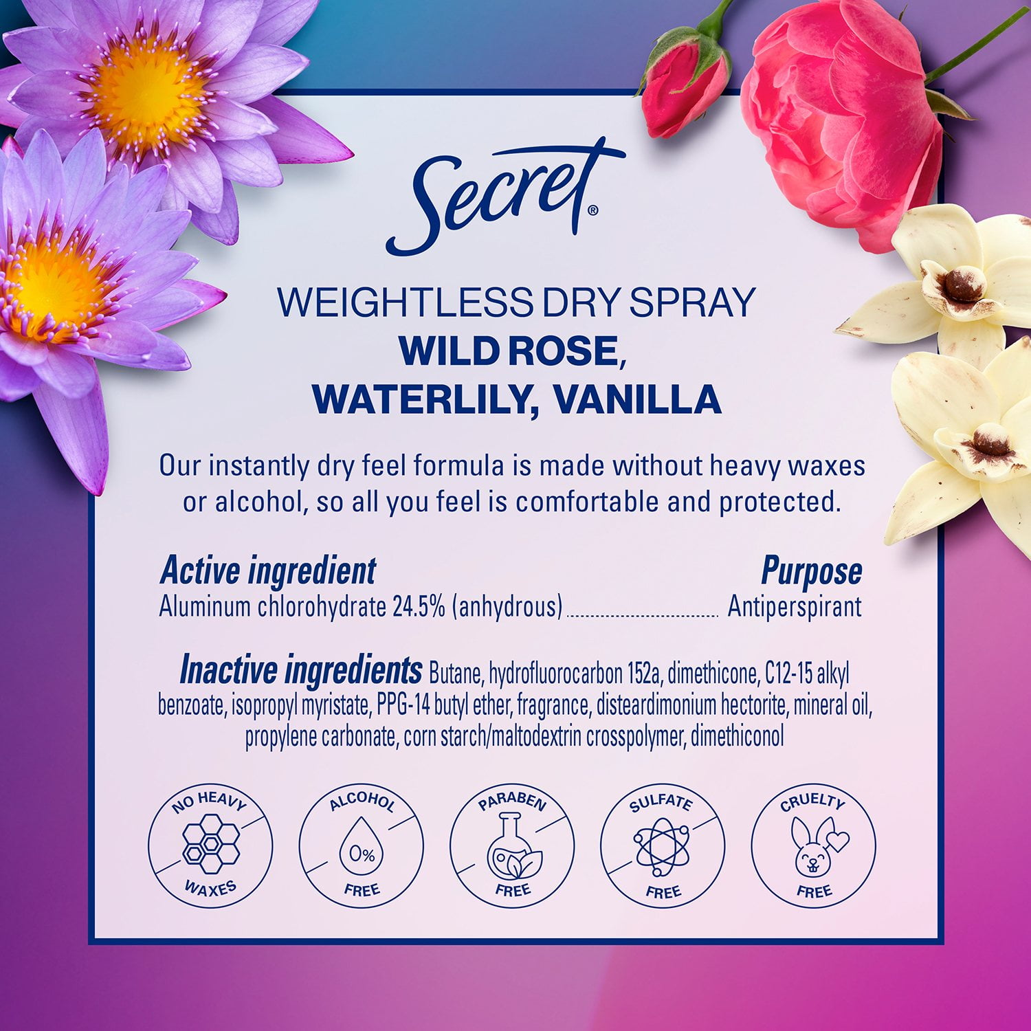 Secret Dry Spray Women's Antiperspirant Deodorant, Vanilla, Wild Rose & Waterlily, 4.1 oz., 3 pk. - Image 10