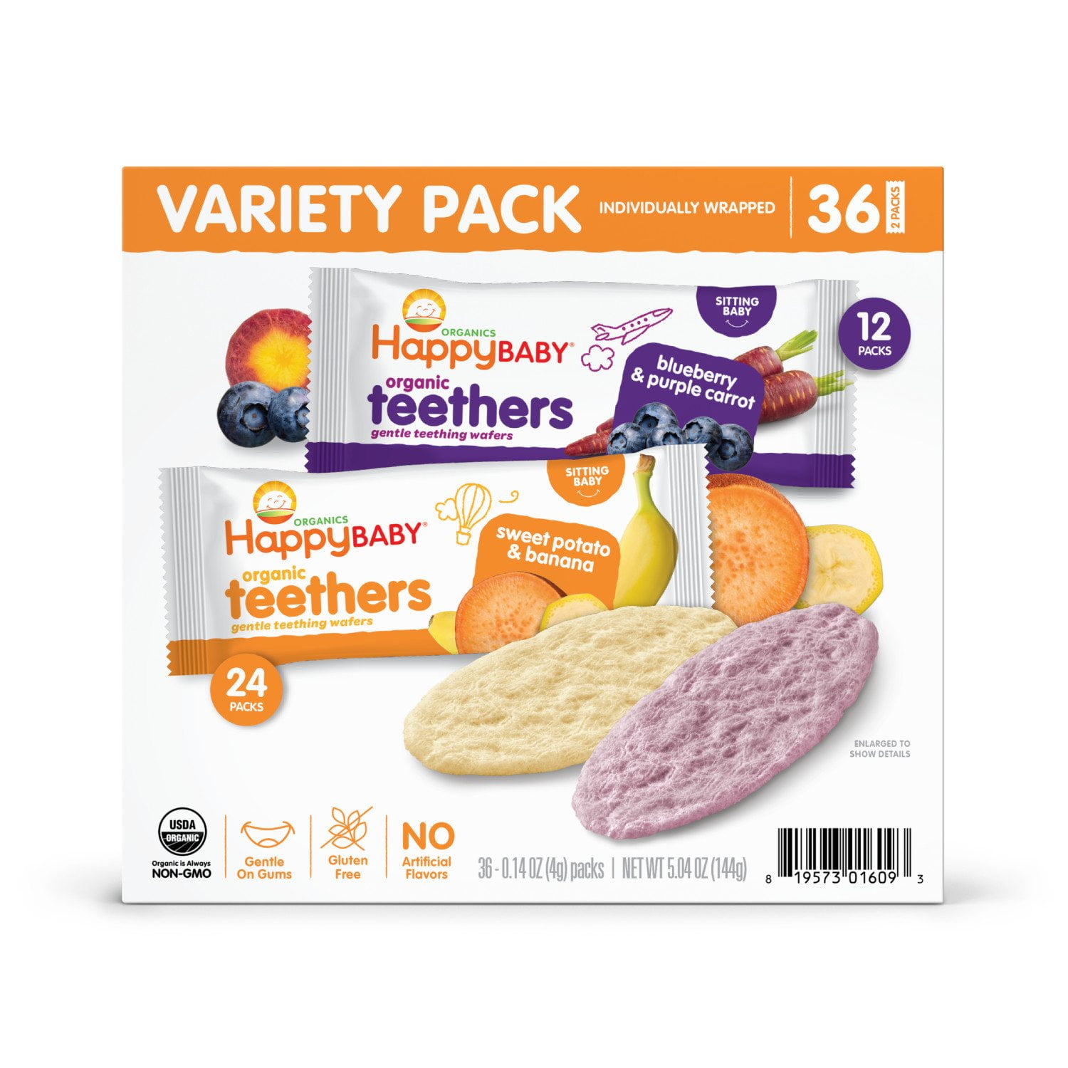 HappyBABY Organics Teething Wafers, Variety Pack, 36 ct.