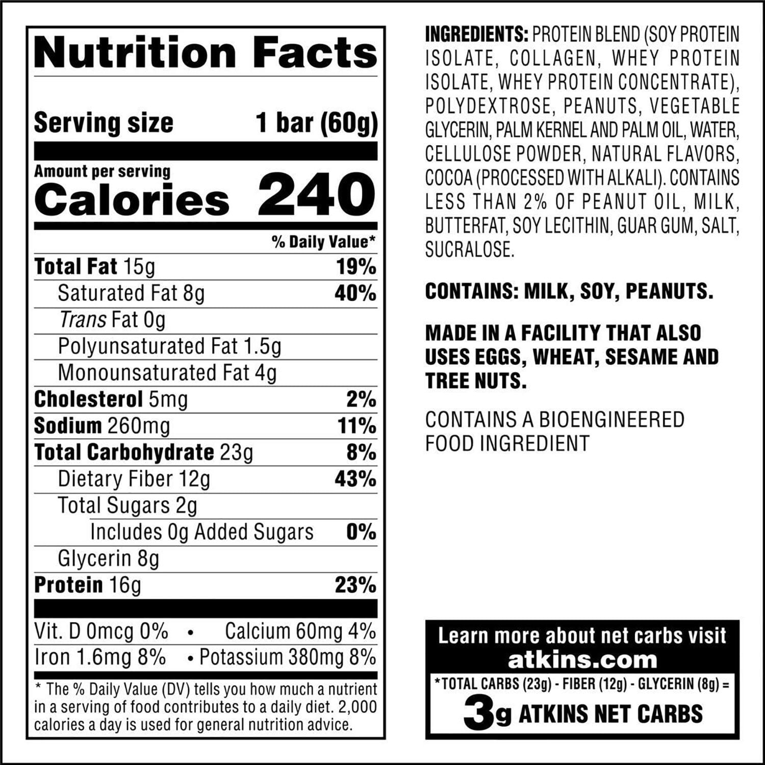 Atkins Chocolate Peanut Butter Meal Bars, High Fiber, 16g of Protein 15 ct. - Image 2